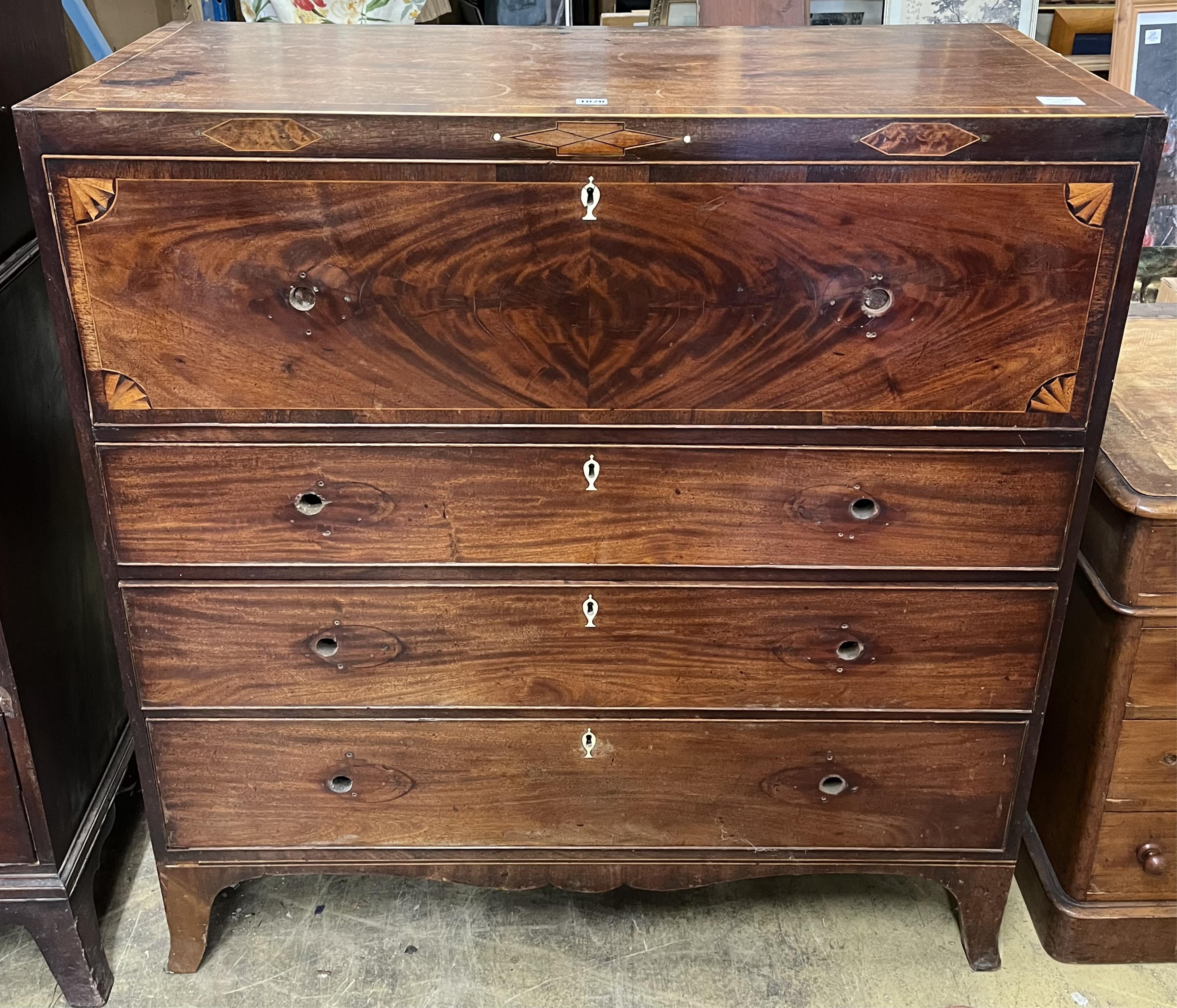 A George III mahogany secretaire chest, lacking handles, width 111cm, depth 50cm, height 117cm CITES Submission reference, 9KQQ171E